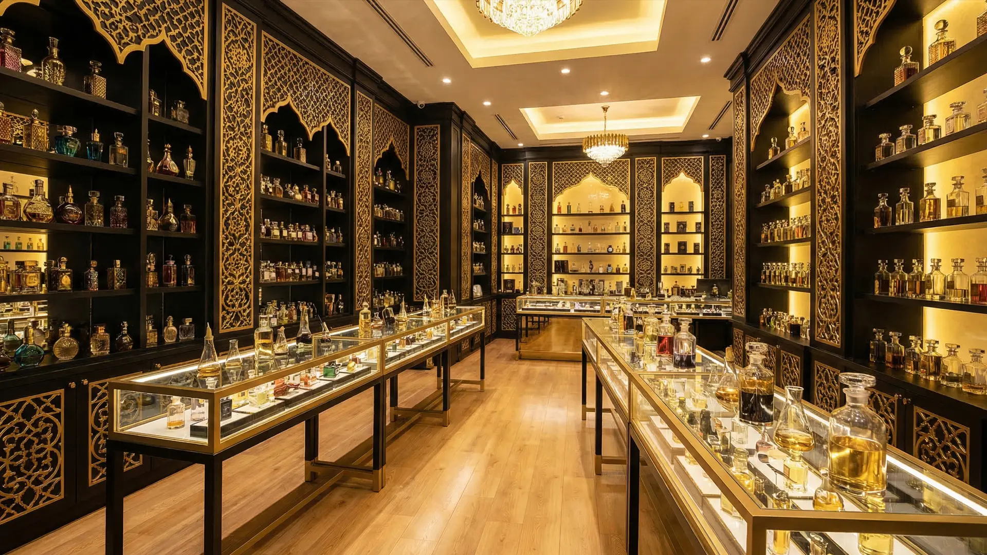 high-end perfume store interior showcasing black and gold islamic design shelves fully stocked with luxury fragrance bottles