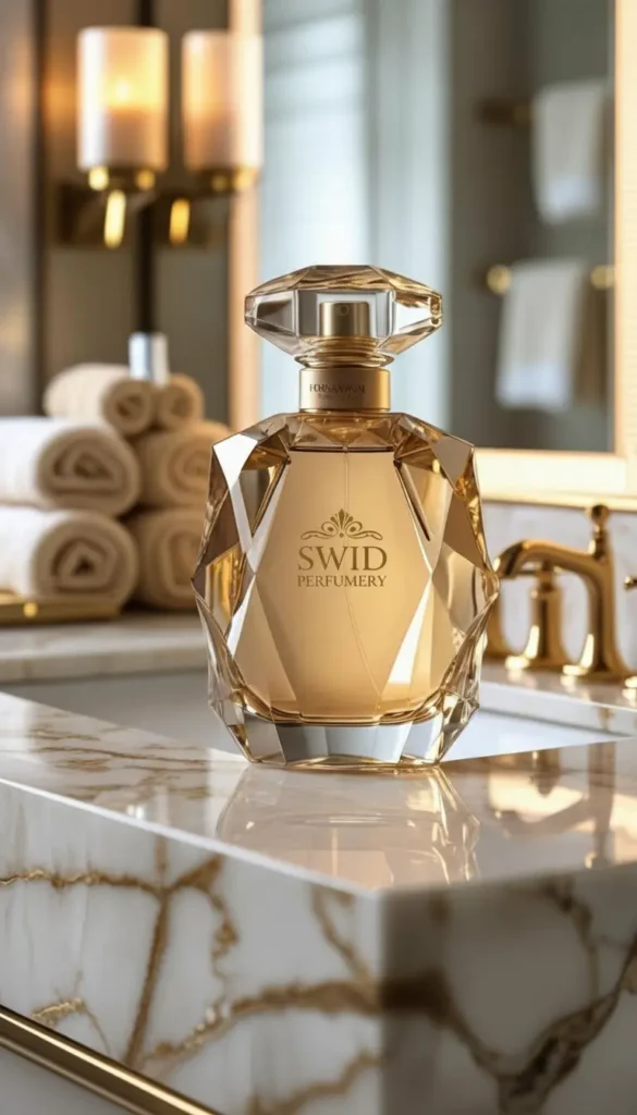 Frasco dorado de perfume SWID Perfumery sobre un mostrador de mármol