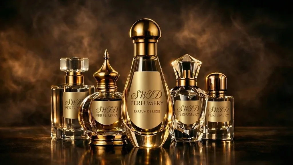 luxury inspired fragrance collection by Swid Perfumery showcasing elegant perfume bottles in a premium dark setting