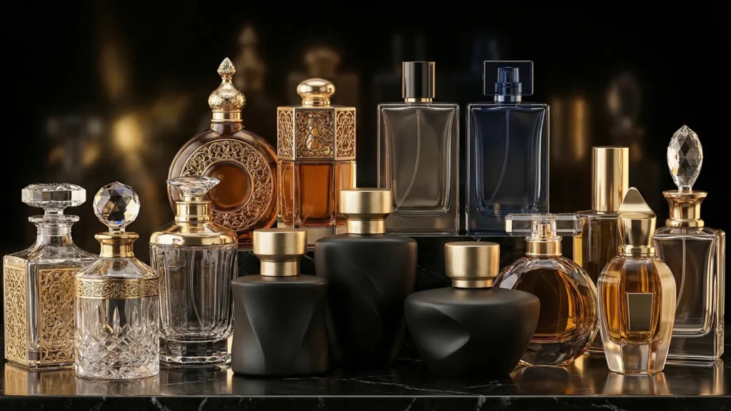 high-end luxury perfume bottles collection by Swid Perfumery showcasing premium black and gold fragrance designs