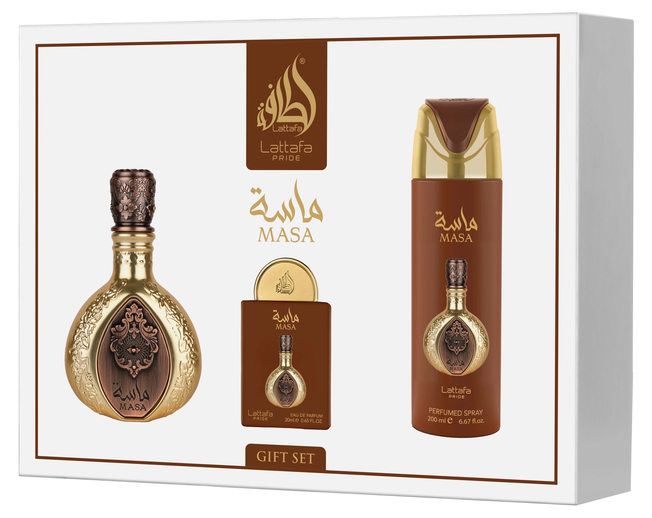 Masa- Lattafa Pride Gift Set (EDP 100ml +  EDP 20 ML + Perfume Spray 200 ML)