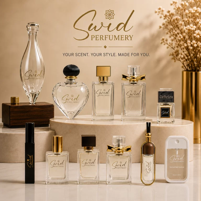 A collection of SWID Perfumery custom perfume bottles and fragrance products in different shapes and sizes