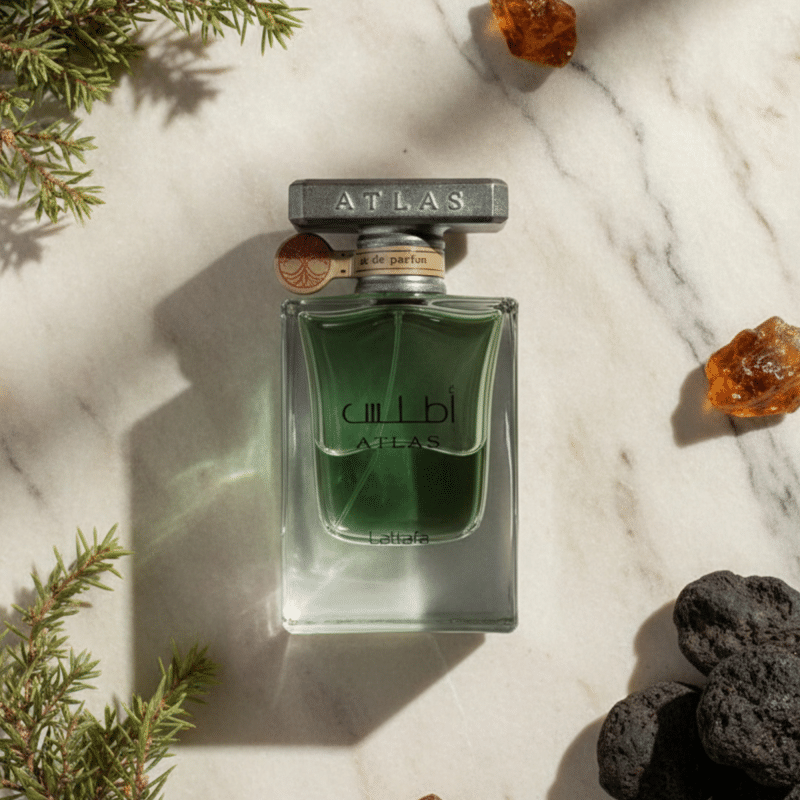 Lattafa Atlas Eau de Parfum clear green bottle with silver cap
