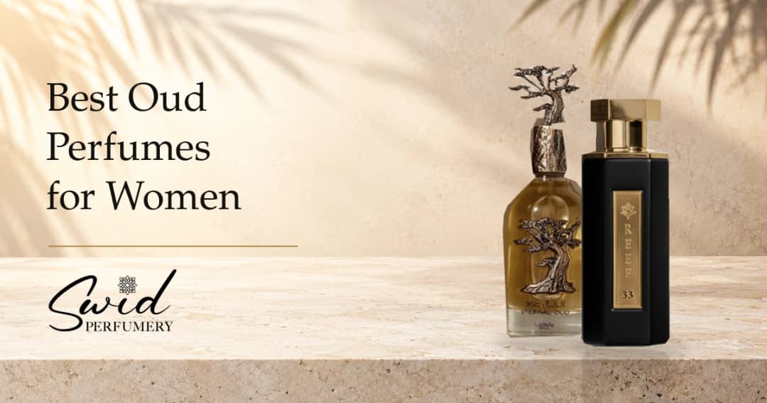 Lattafa Pride Eternal Oud and black Reef 33 bottles on an ivory tabletop beside the headline Best Oud Perfumes for Women.