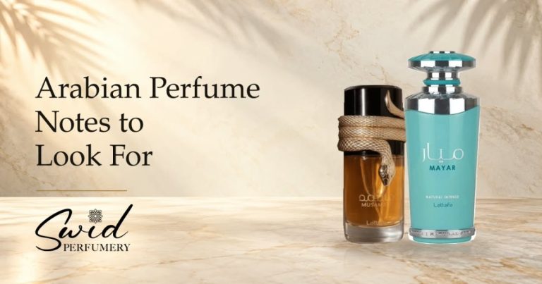 Lattafa Musamam y Mayar Natural Intense junto a un título sobre notas de perfumes árabes, sobre una mesa color marfil cálido