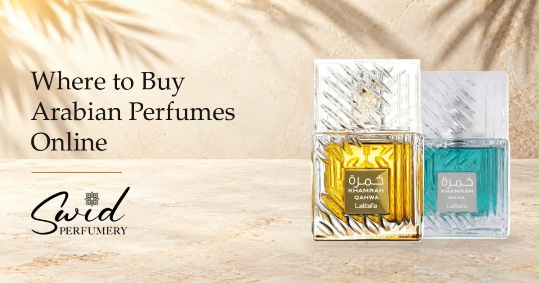 Frascos de Lattafa Khamrah Qahwa y Khamrah Waha sobre una mesa color marfil, junto a un título sobre la compra de perfumes