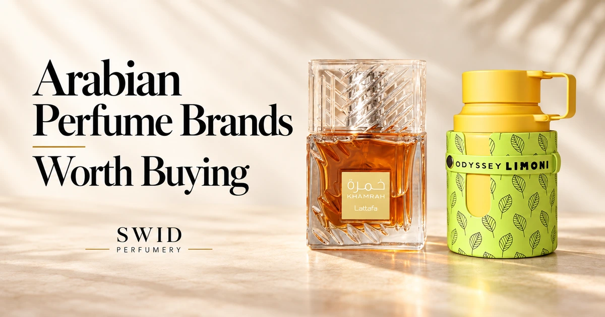 Lattafa Khamrah and Armaf Odyssey Limoni bottles beside the headline Arabian Perfume Brands Worth Buying.