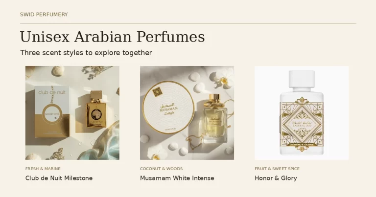 Club de Nuit Milestone, Musamam White Intense, and Honor & Glory in a SWID unisex Arabian perfume guide.
