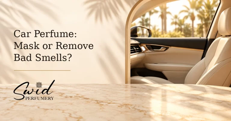 Título sobre perfume para carro y logo de SWID junto al interior de un carro color crema iluminado por el sol, sobre una mesa color marfil