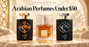 Al Qiam Gold, Lattafa Khamrah, and Al Qiam Silver beneath the headline “Arabian Perfumes Under $50.”