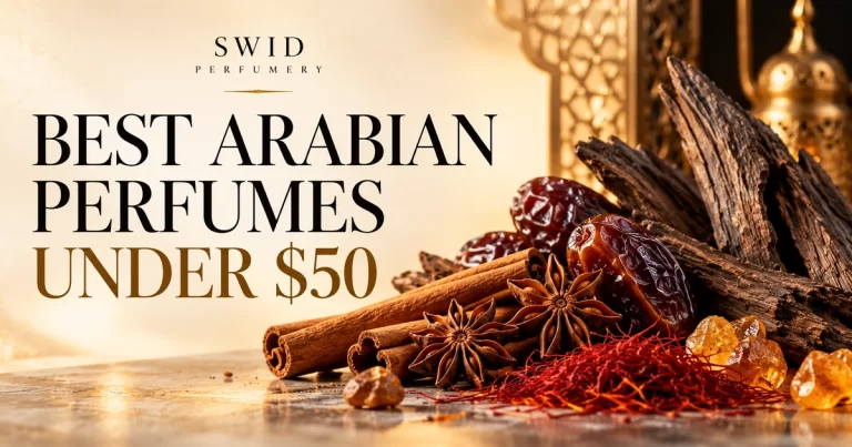SWID Perfumery cover for Arabian perfumes under $50, with warm spices, dates, saffron and oud wood