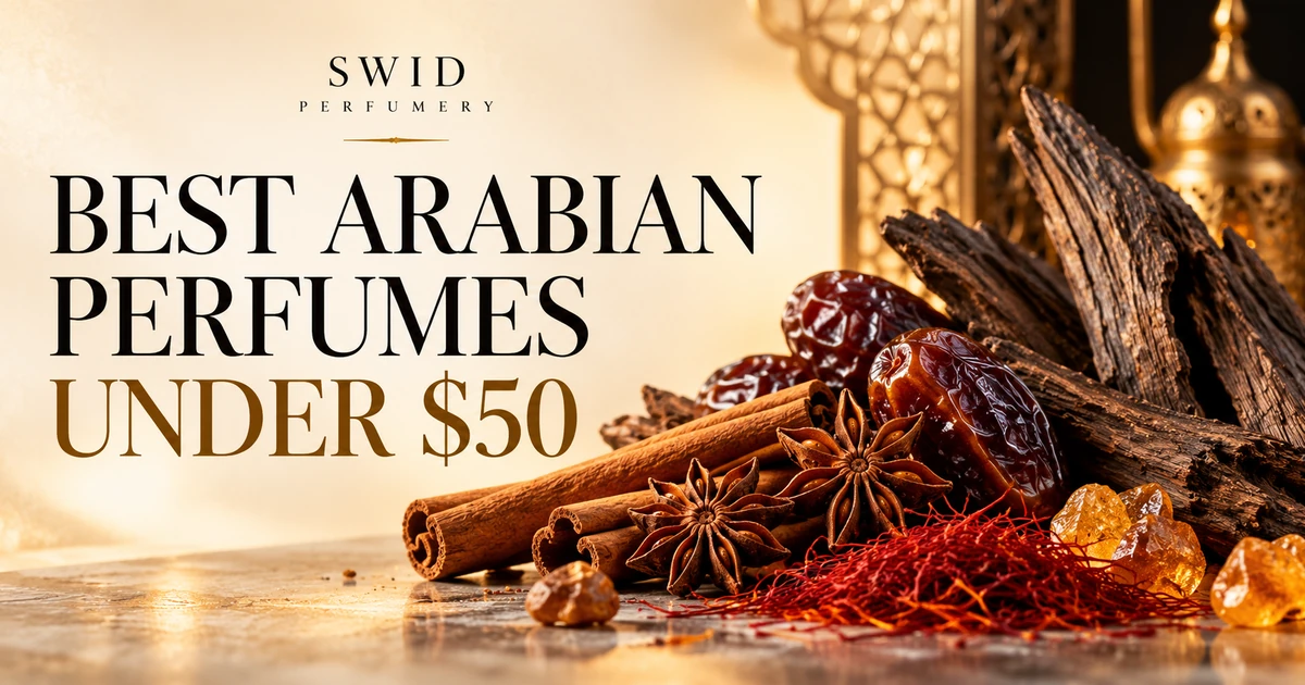 SWID Perfumery cover for Arabian perfumes under $50, with warm spices, dates, saffron and oud wood
