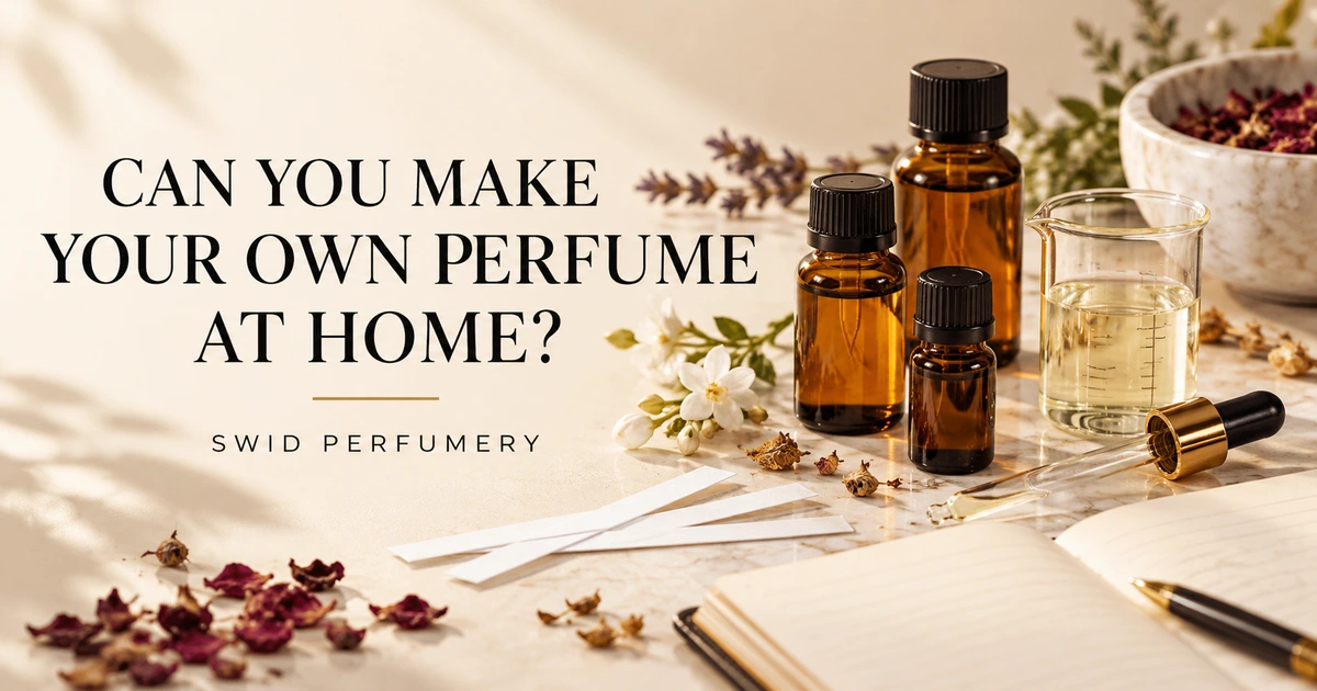 Perfume-making tools and amber fragrance bottles beside the headline Can You Make Your Own Perfume at Home?