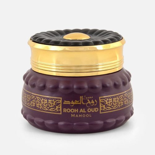 Rooh Al Oud Mamool - Damas Rose (70g) Frasco de Rooh Al Oud Mamool de 70 g de Damas Rose con tapa negra y dorada