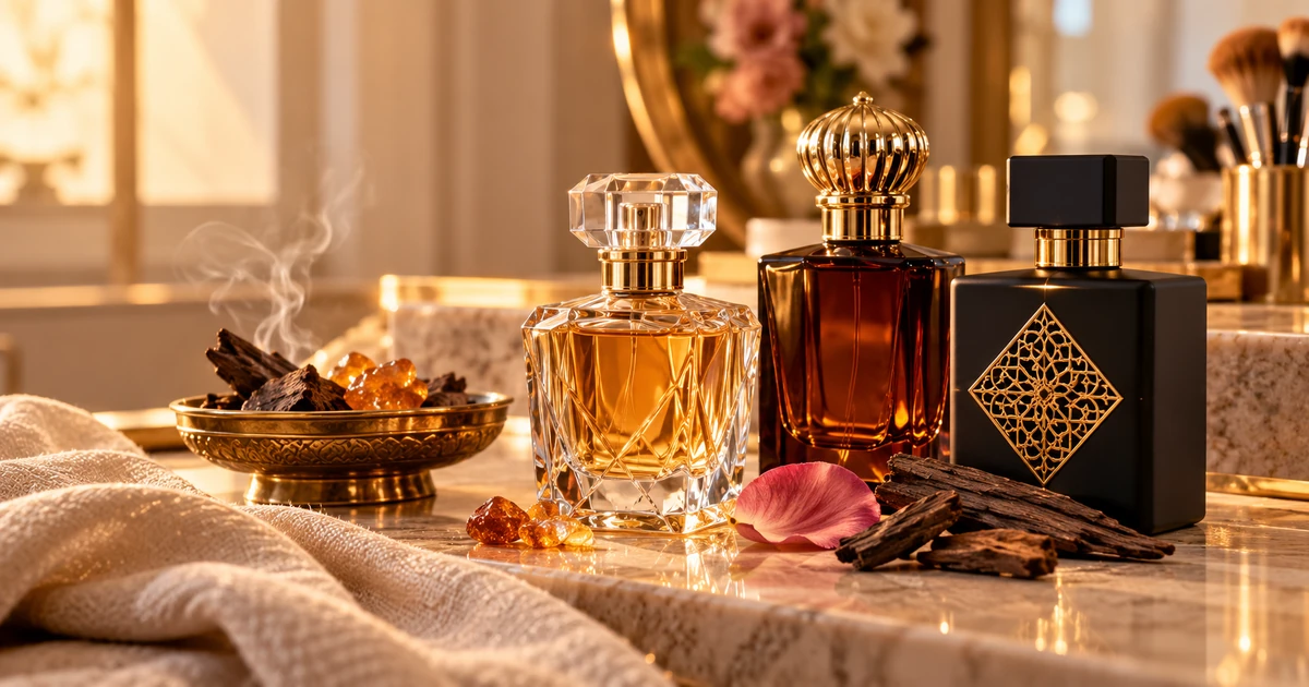 Three ornate perfume bottles with amber resin, oud wood, and incense in warm golden light.