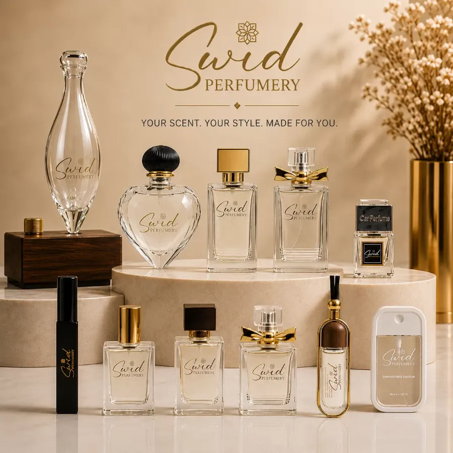 Una colección de frascos de perfume personalizado y productos de fragancia de SWID Perfumery