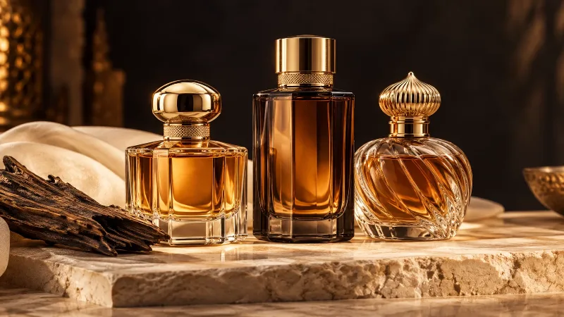 Amber perfume bottles on a stone tray, SWID Perfumery newsletter