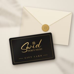 SWID Perfumery gift card: a black card with the gold SWID Perfumery logo on an ivory envelope with a gold seal